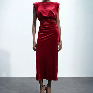 Burgundy Elegant Women's Urban Chic Long Velvet Christmas Party Holiday Dress